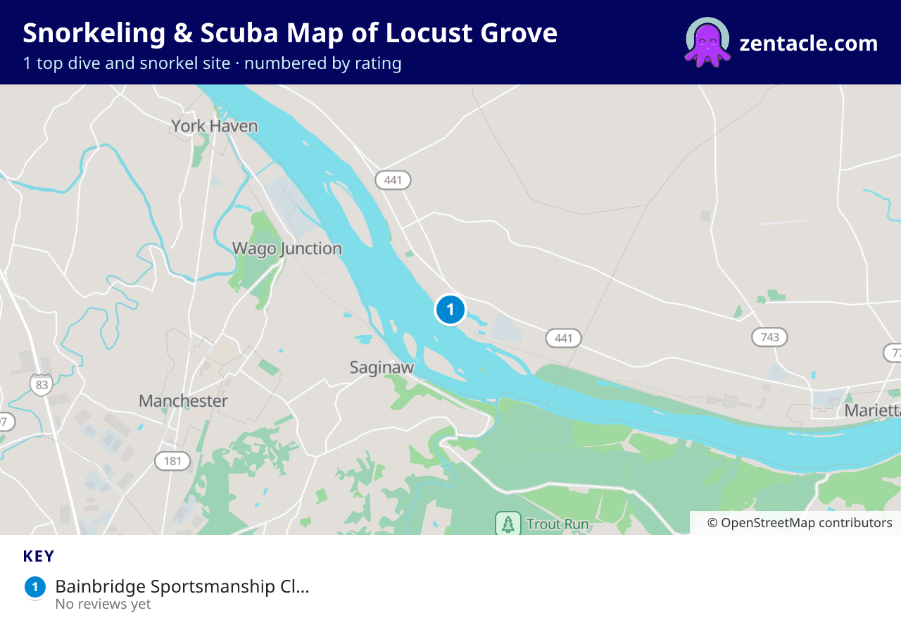 Snorkeling & Scuba Map of Locust Grove: numbered map of the top 1 dive and snorkel sites, with ratings