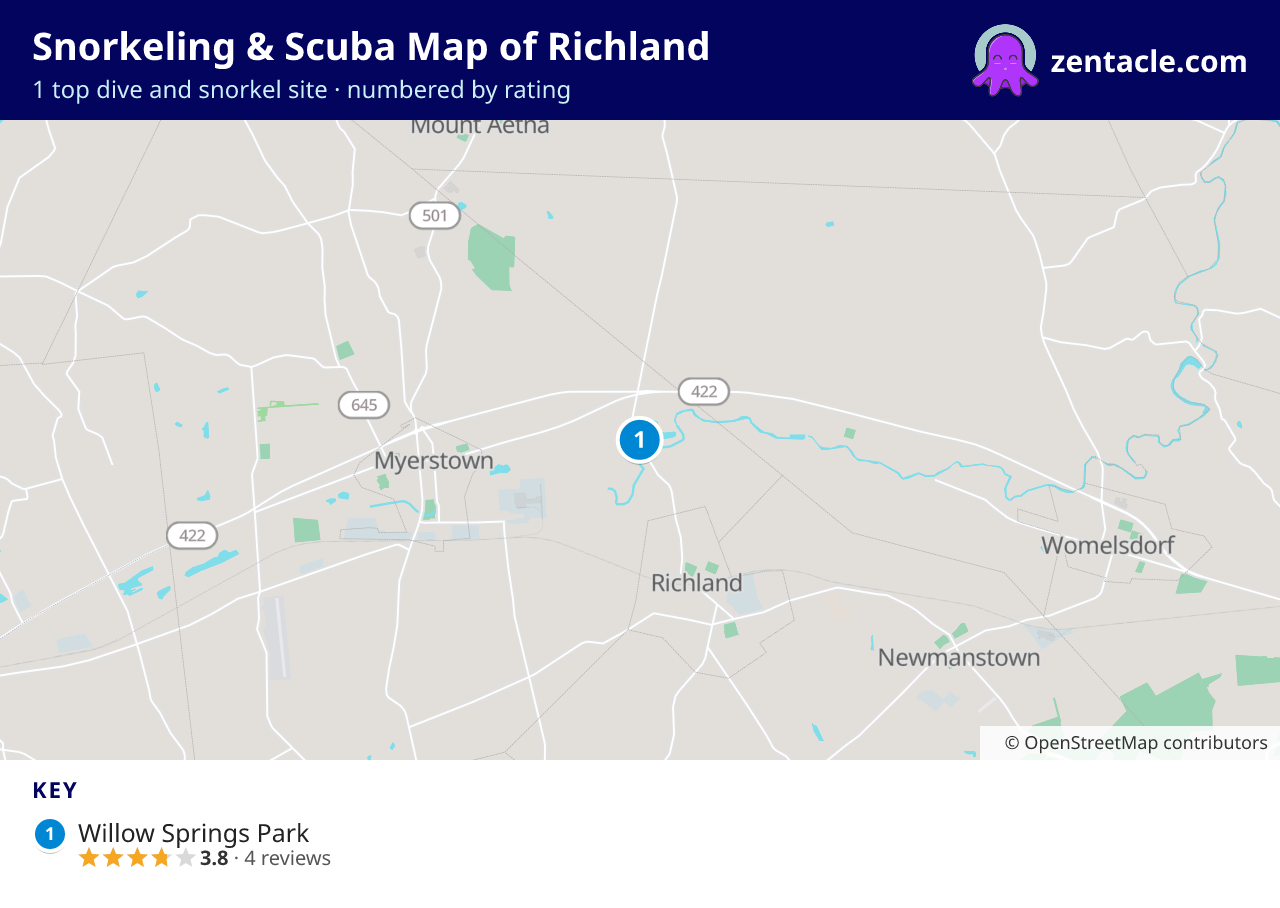 Snorkeling & Scuba Map of Richland: numbered map of the top 1 dive and snorkel sites, with ratings