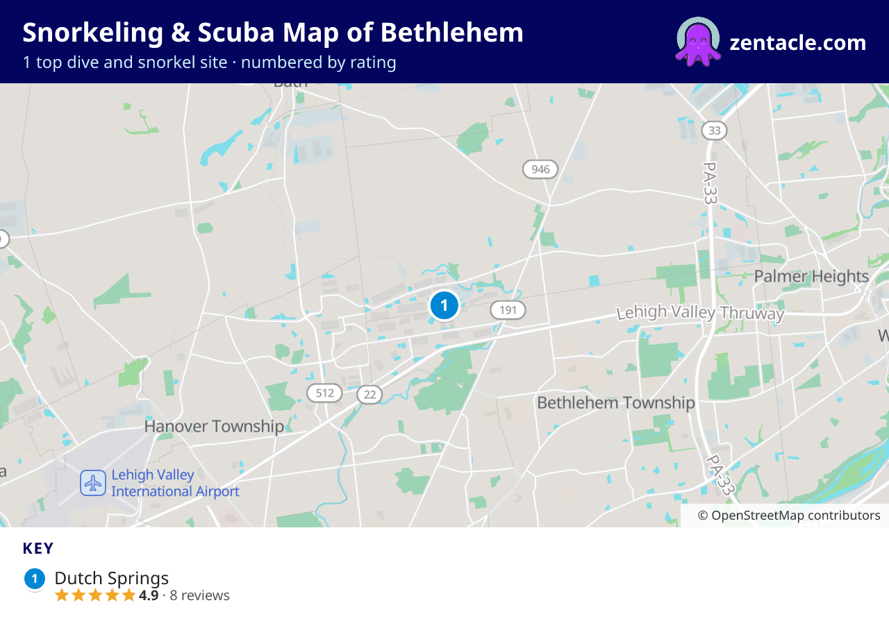 Snorkeling & Scuba Map of Bethlehem: numbered map of the top 1 dive and snorkel sites, with ratings