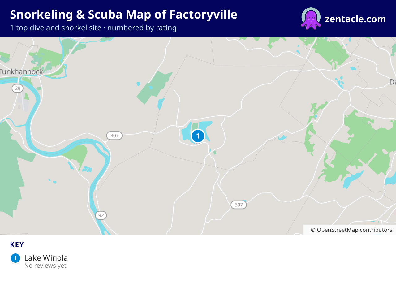Snorkeling & Scuba Map of Factoryville: numbered map of the top 1 dive and snorkel sites, with ratings