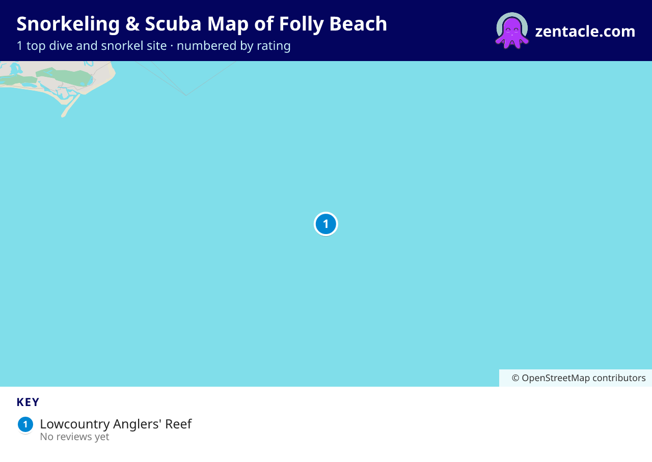 Snorkeling & Scuba Map of Folly Beach: numbered map of the top 1 dive and snorkel sites, with ratings