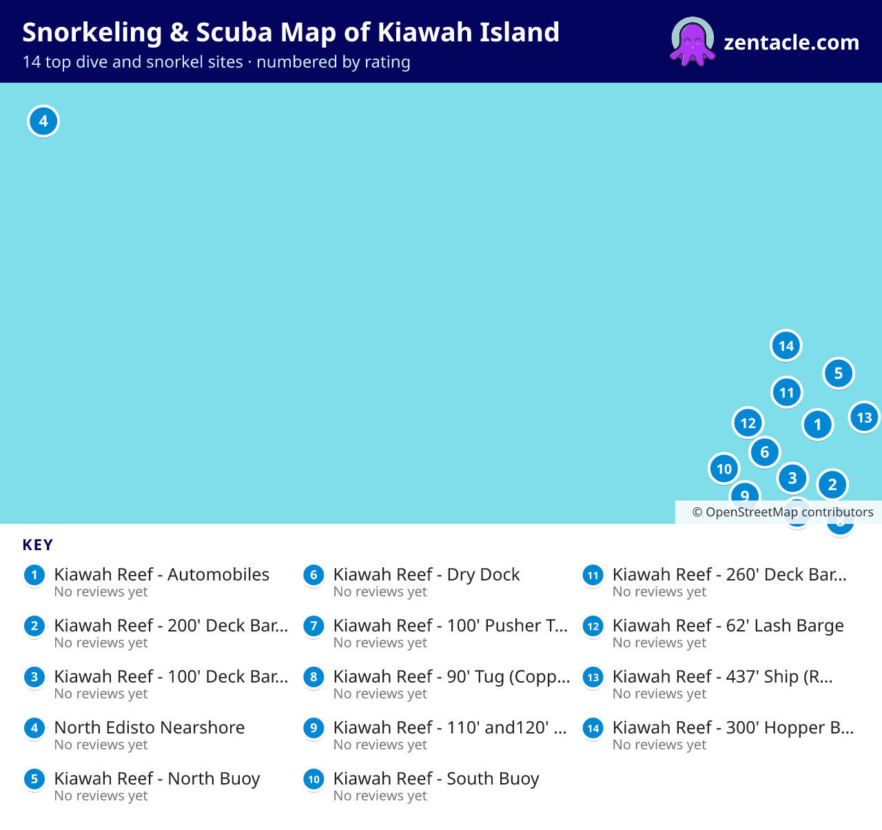 Snorkeling & Scuba Map of Kiawah Island: numbered map of the top 14 dive and snorkel sites, with ratings