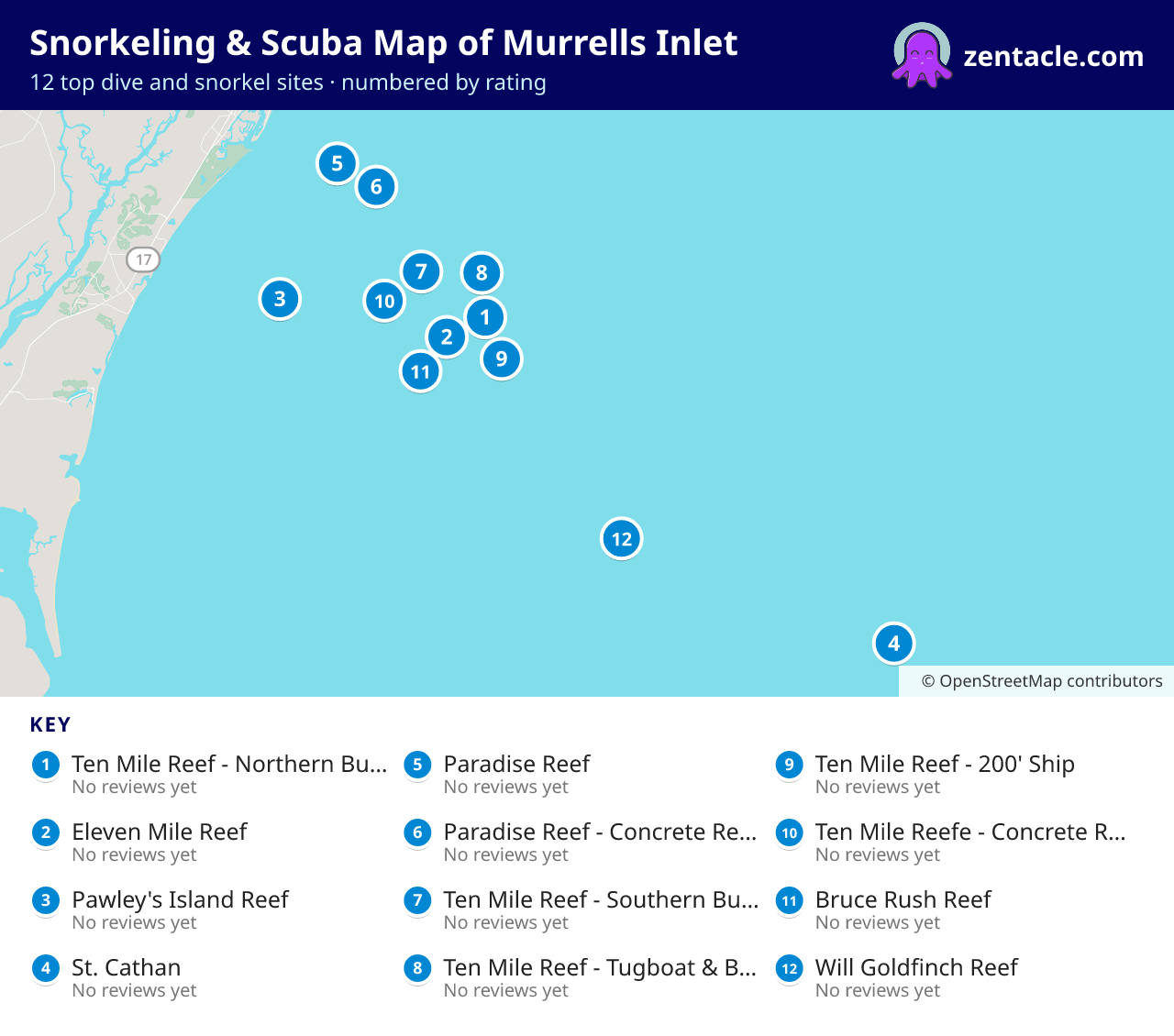 Snorkeling & Scuba Map of Murrells Inlet: numbered map of the top 12 dive and snorkel sites, with ratings