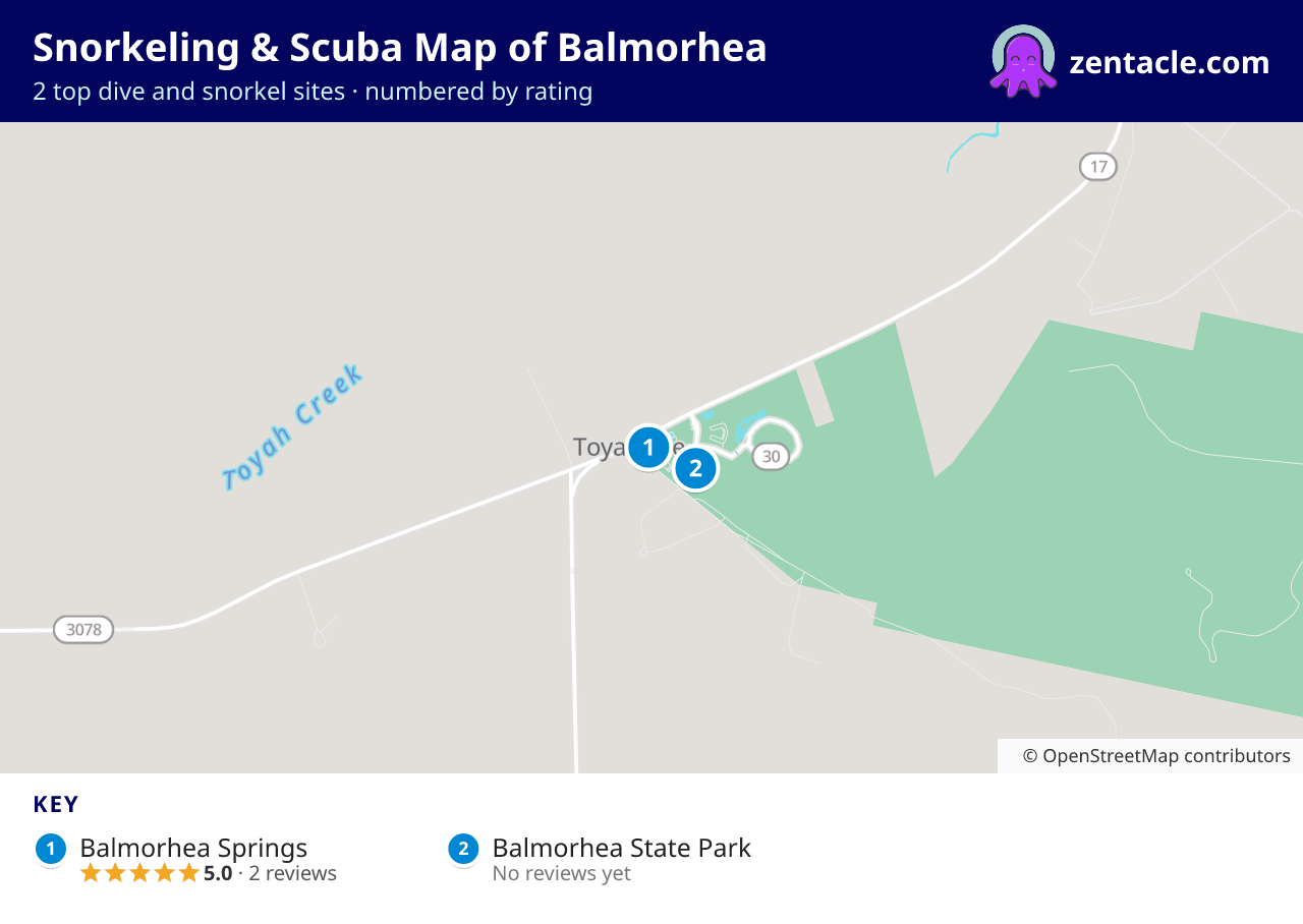Snorkeling & Scuba Map of Balmorhea: numbered map of the top 2 dive and snorkel sites, with ratings