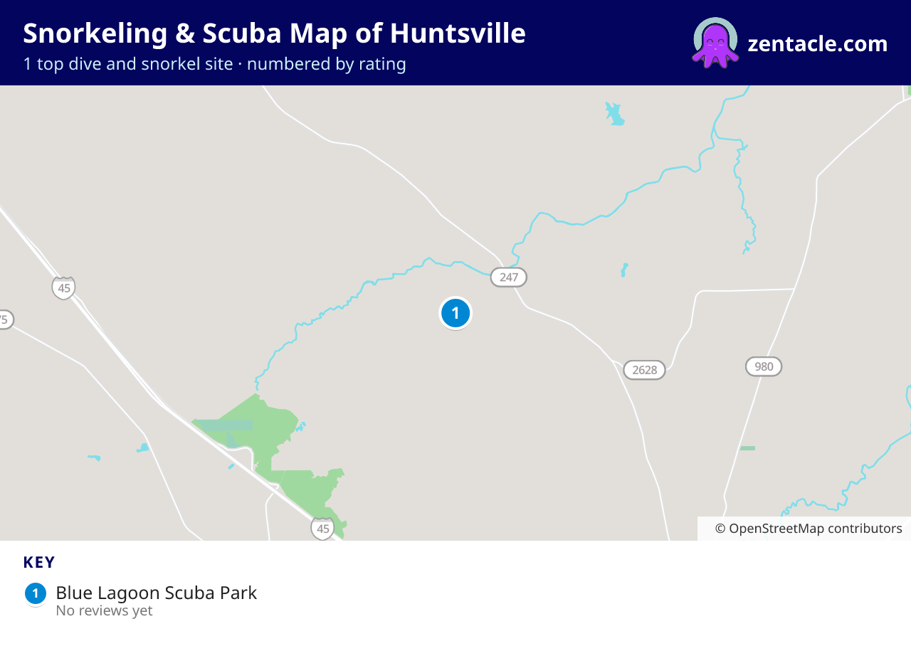 Snorkeling & Scuba Map of Huntsville: numbered map of the top 1 dive and snorkel sites, with ratings