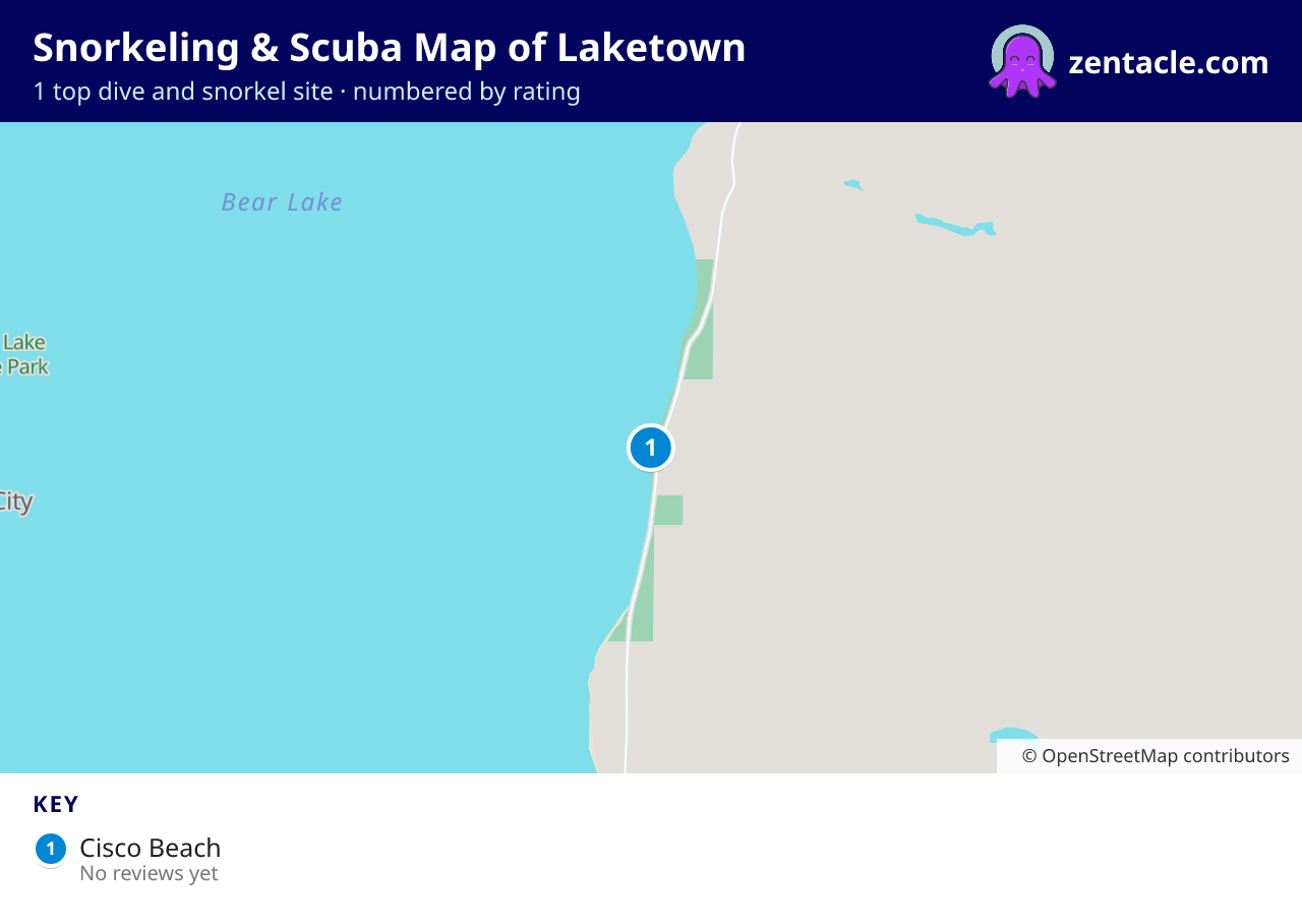 Snorkeling & Scuba Map of Laketown: numbered map of the top 1 dive and snorkel sites, with ratings