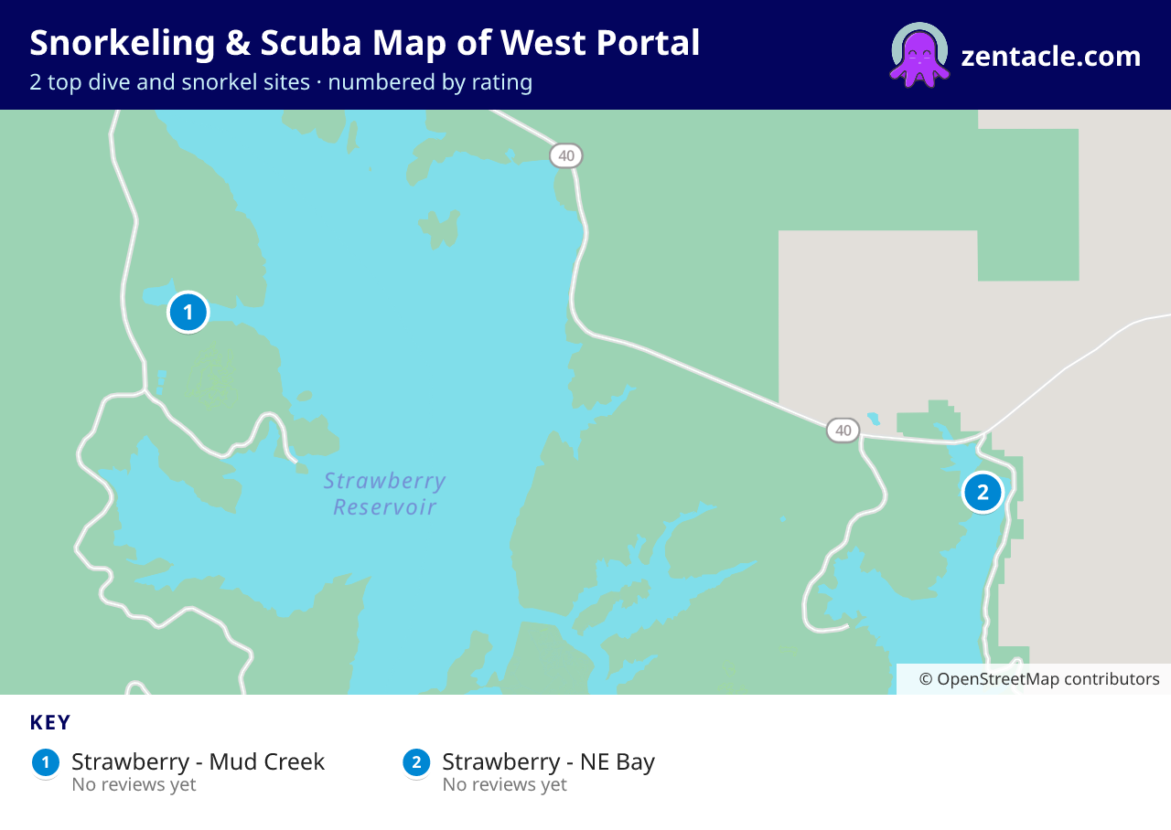 Snorkeling & Scuba Map of West Portal: numbered map of the top 2 dive and snorkel sites, with ratings