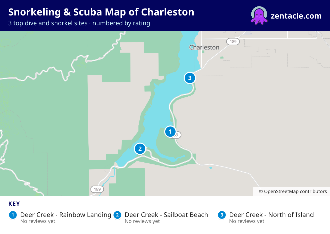 Snorkeling & Scuba Map of Charleston: numbered map of the top 3 dive and snorkel sites, with ratings