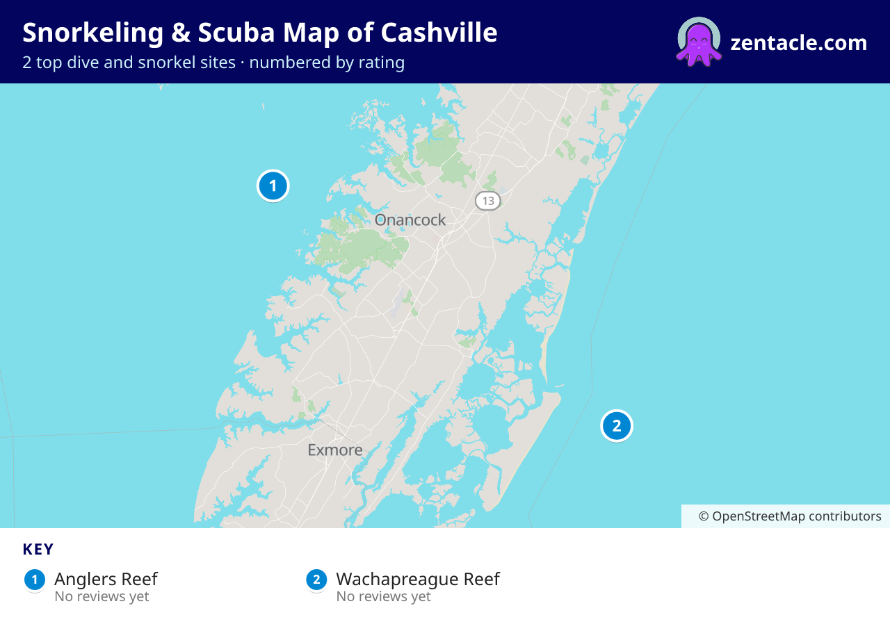 Snorkeling & Scuba Map of Cashville: numbered map of the top 2 dive and snorkel sites, with ratings