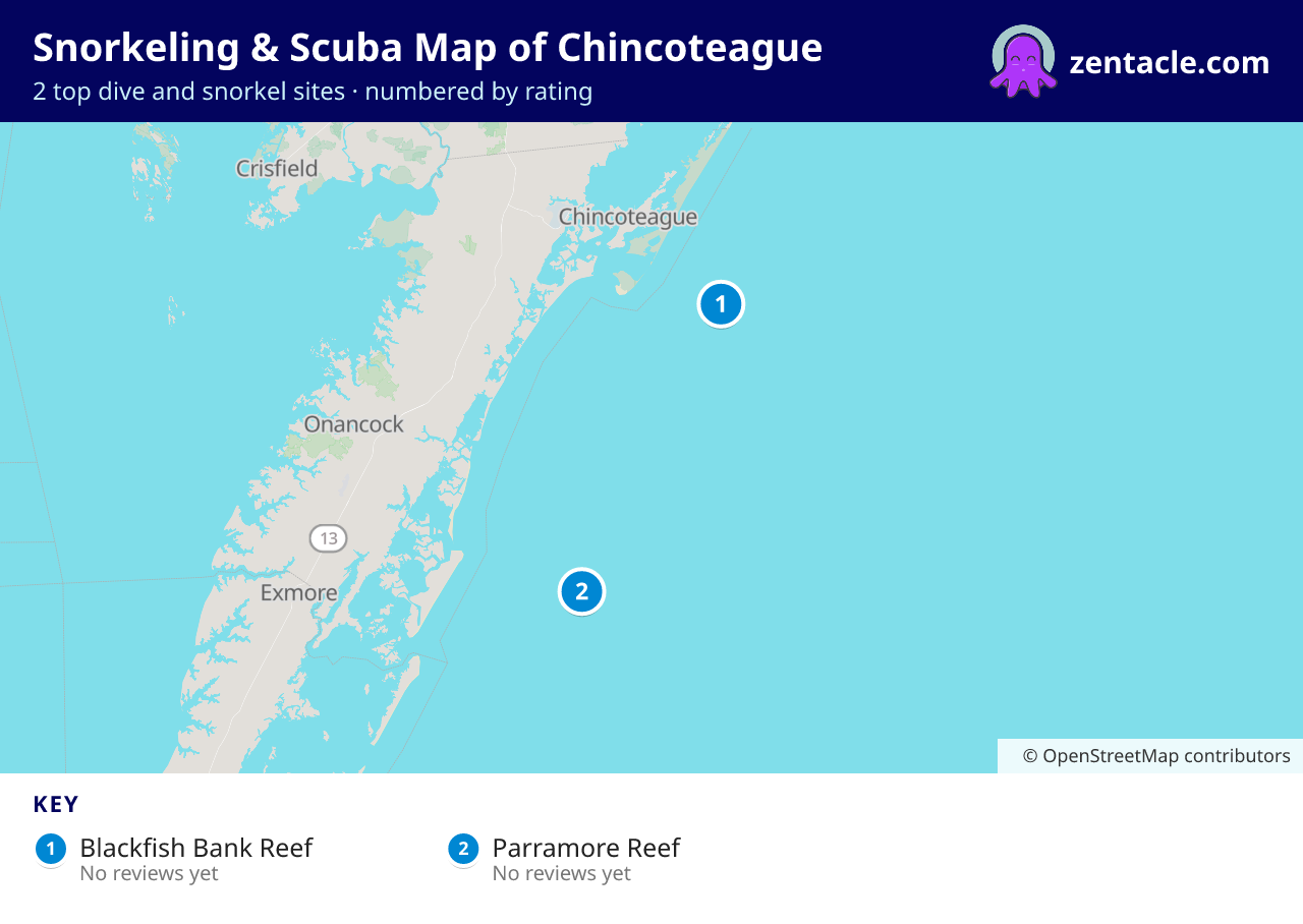 Snorkeling & Scuba Map of Chincoteague: numbered map of the top 2 dive and snorkel sites, with ratings
