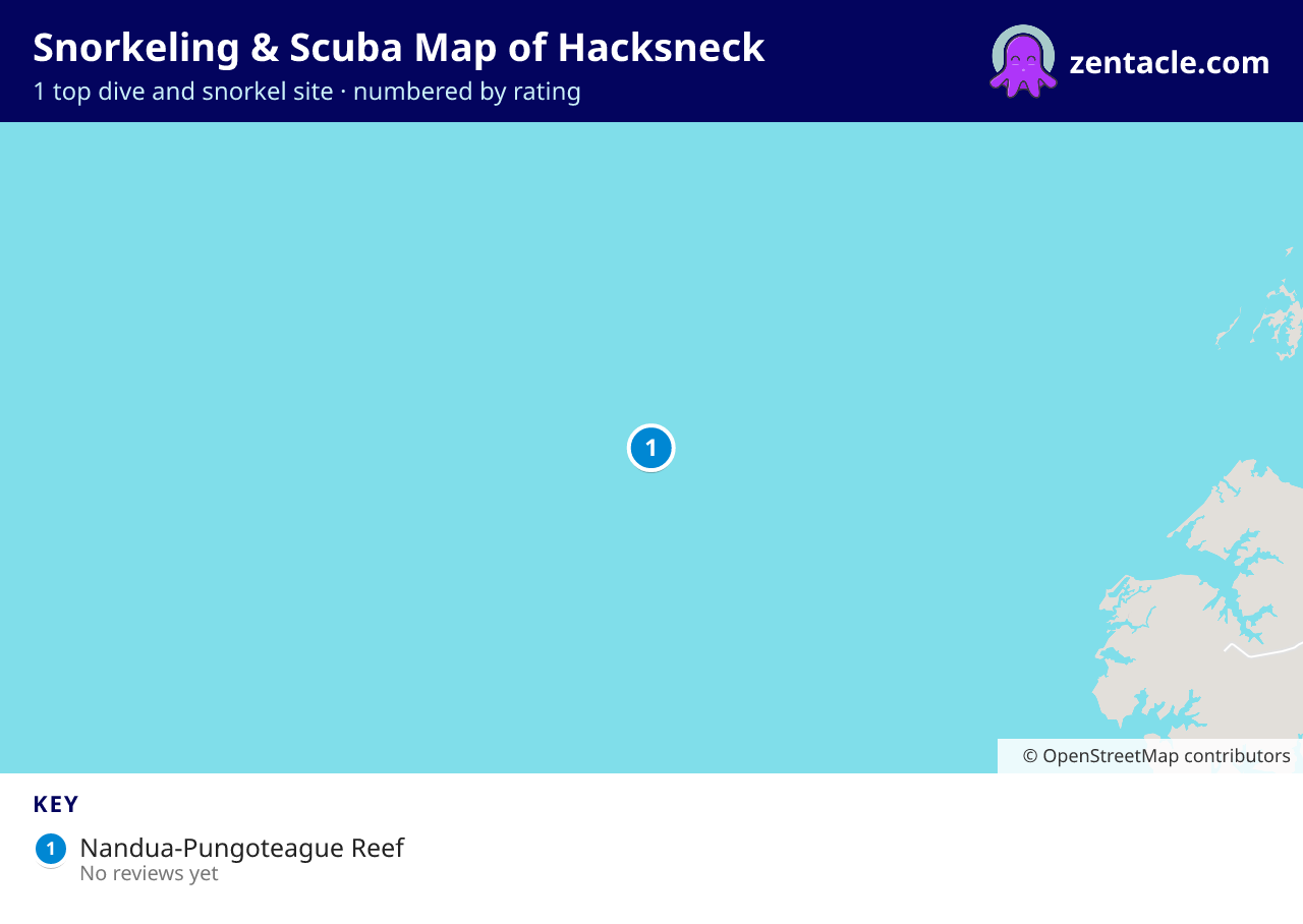 Snorkeling & Scuba Map of Hacksneck: numbered map of the top 1 dive and snorkel sites, with ratings
