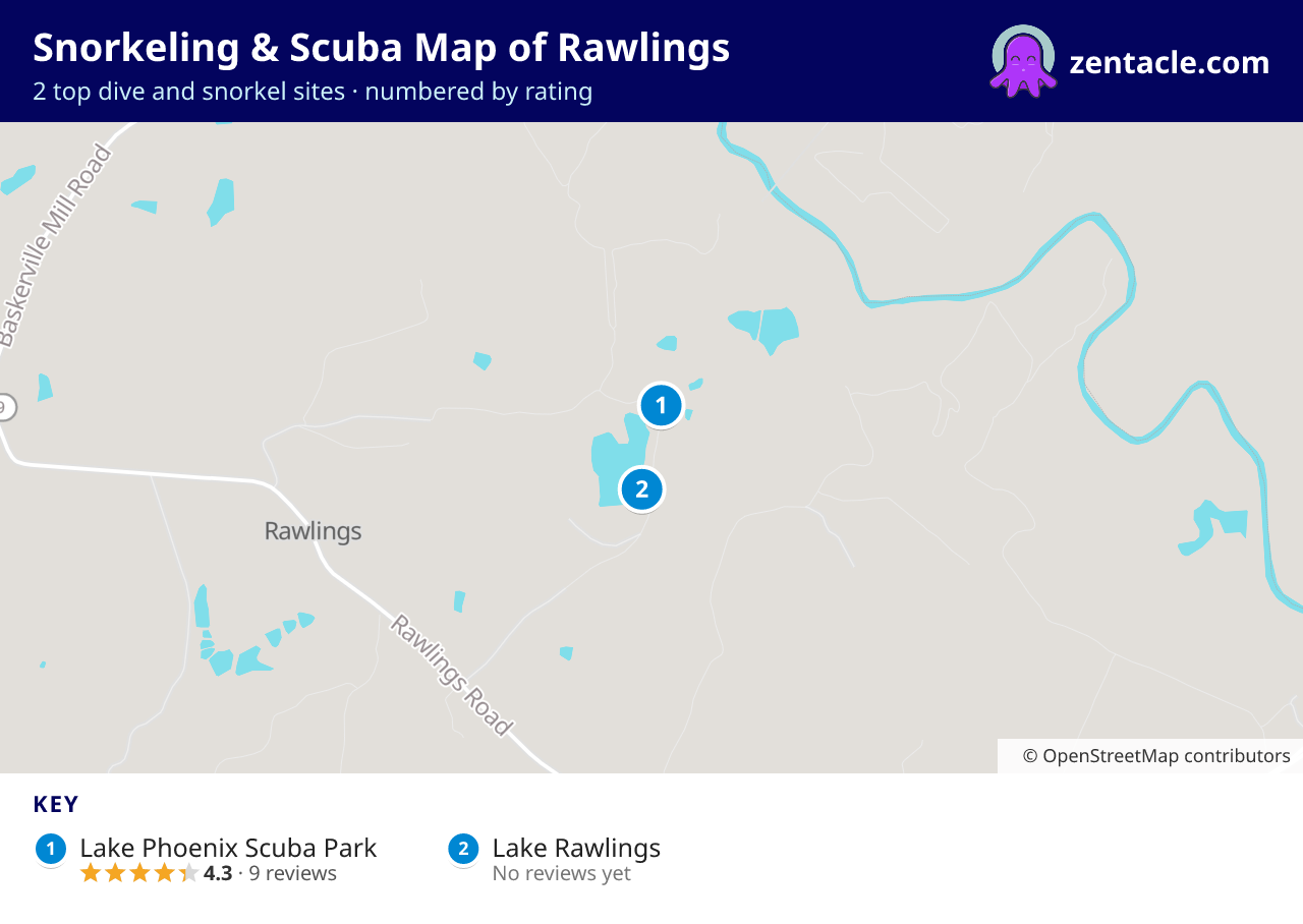 Snorkeling & Scuba Map of Rawlings: numbered map of the top 2 dive and snorkel sites, with ratings