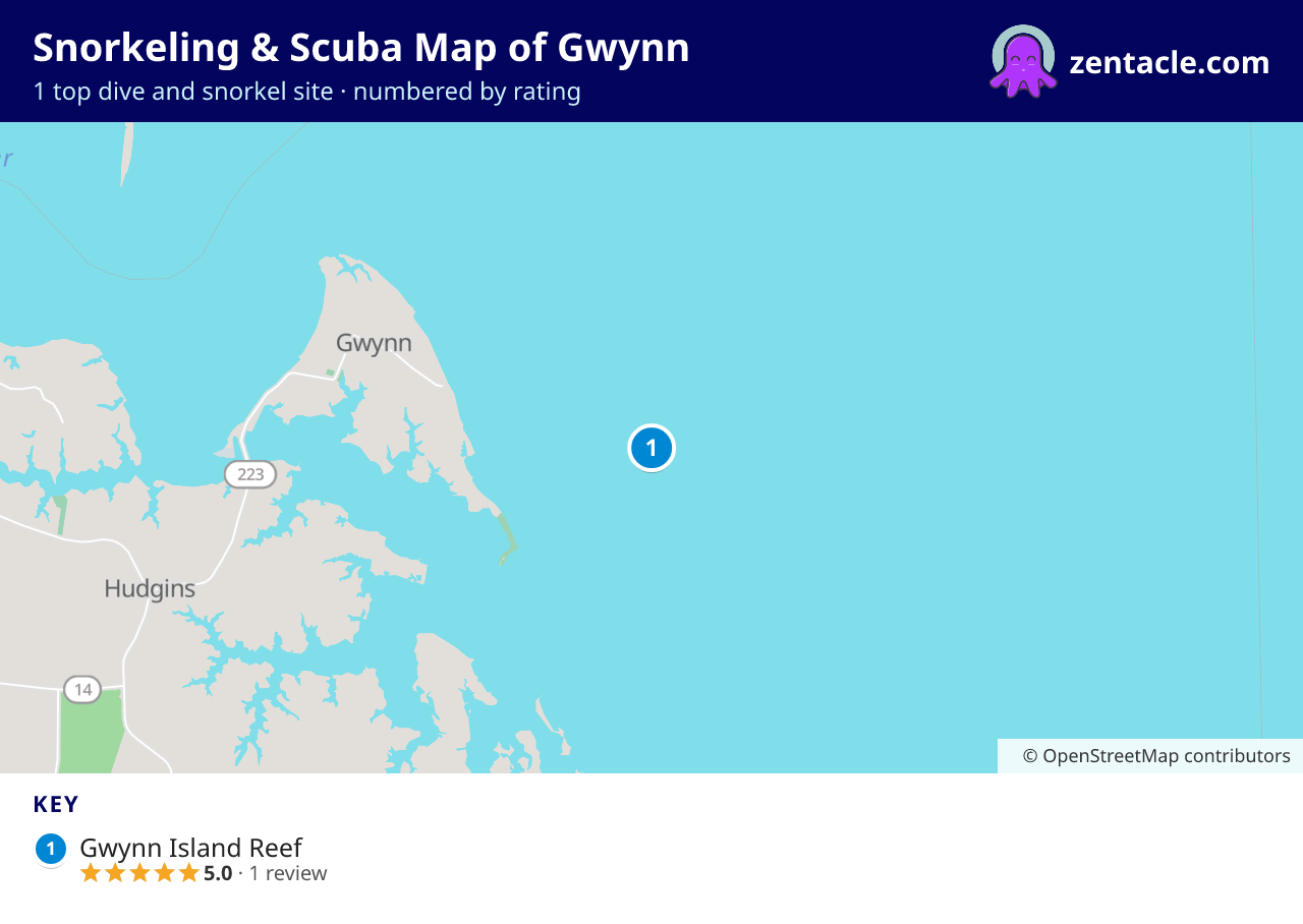 Snorkeling & Scuba Map of Gwynn: numbered map of the top 1 dive and snorkel sites, with ratings