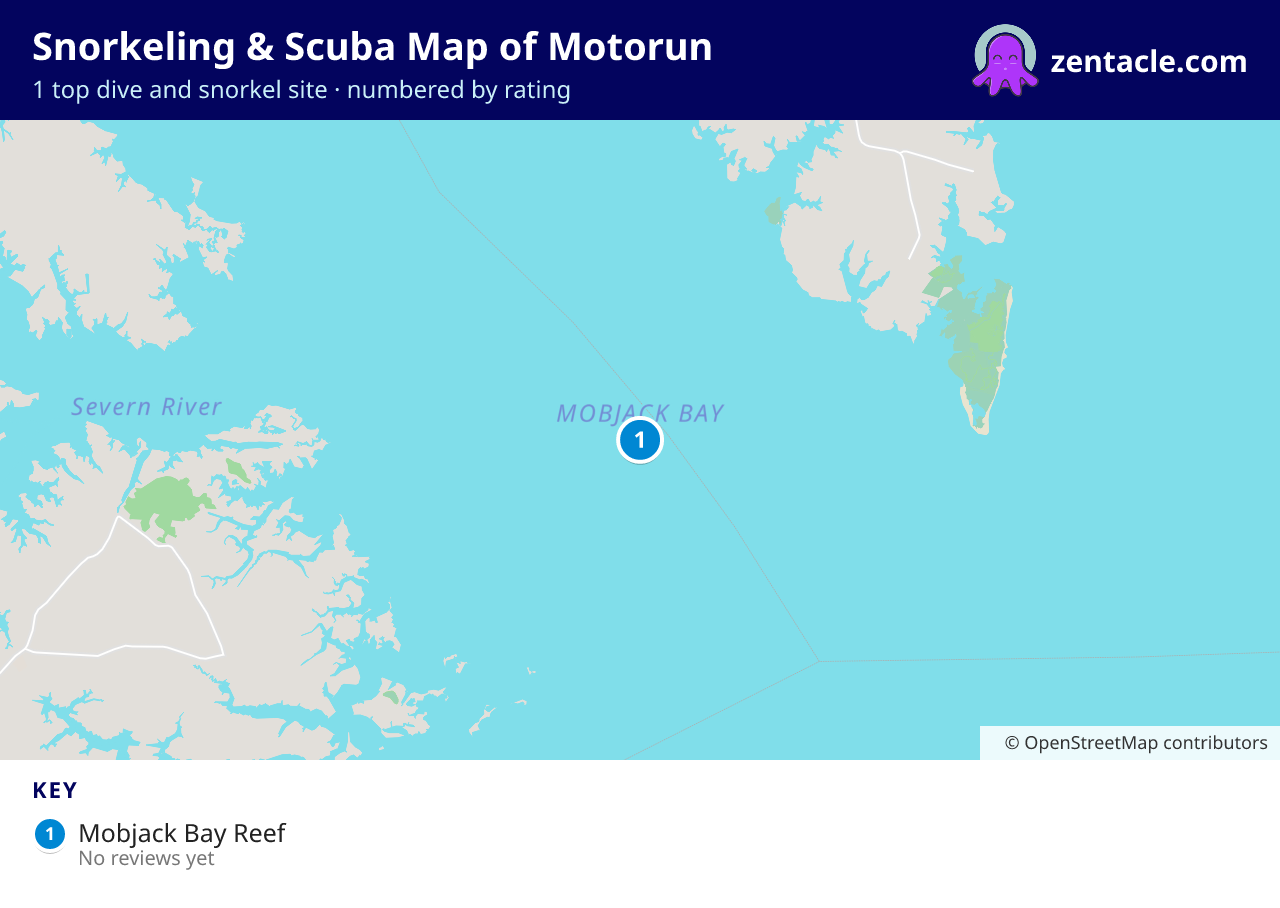 Snorkeling & Scuba Map of Motorun: numbered map of the top 1 dive and snorkel sites, with ratings