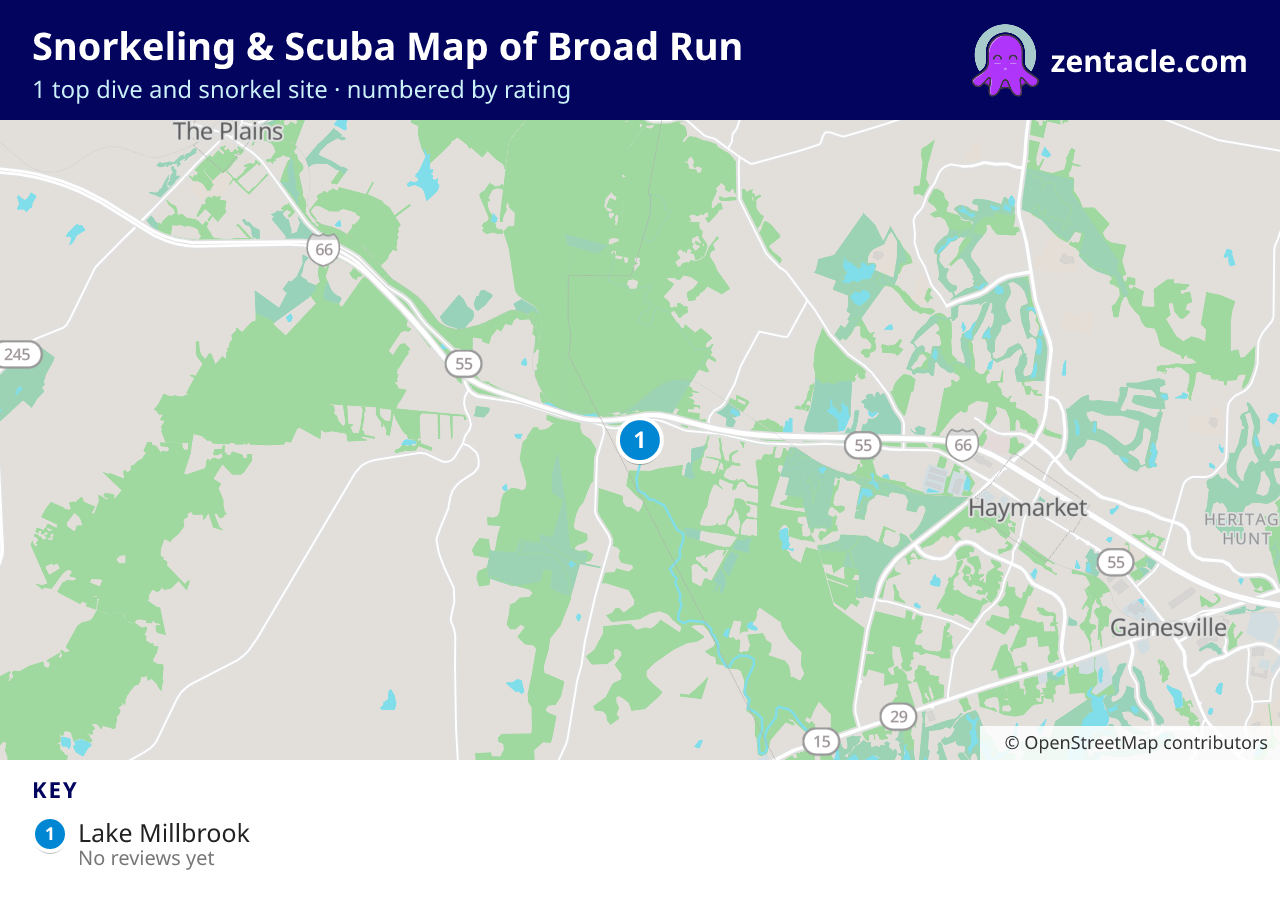 Snorkeling & Scuba Map of Broad Run: numbered map of the top 1 dive and snorkel sites, with ratings