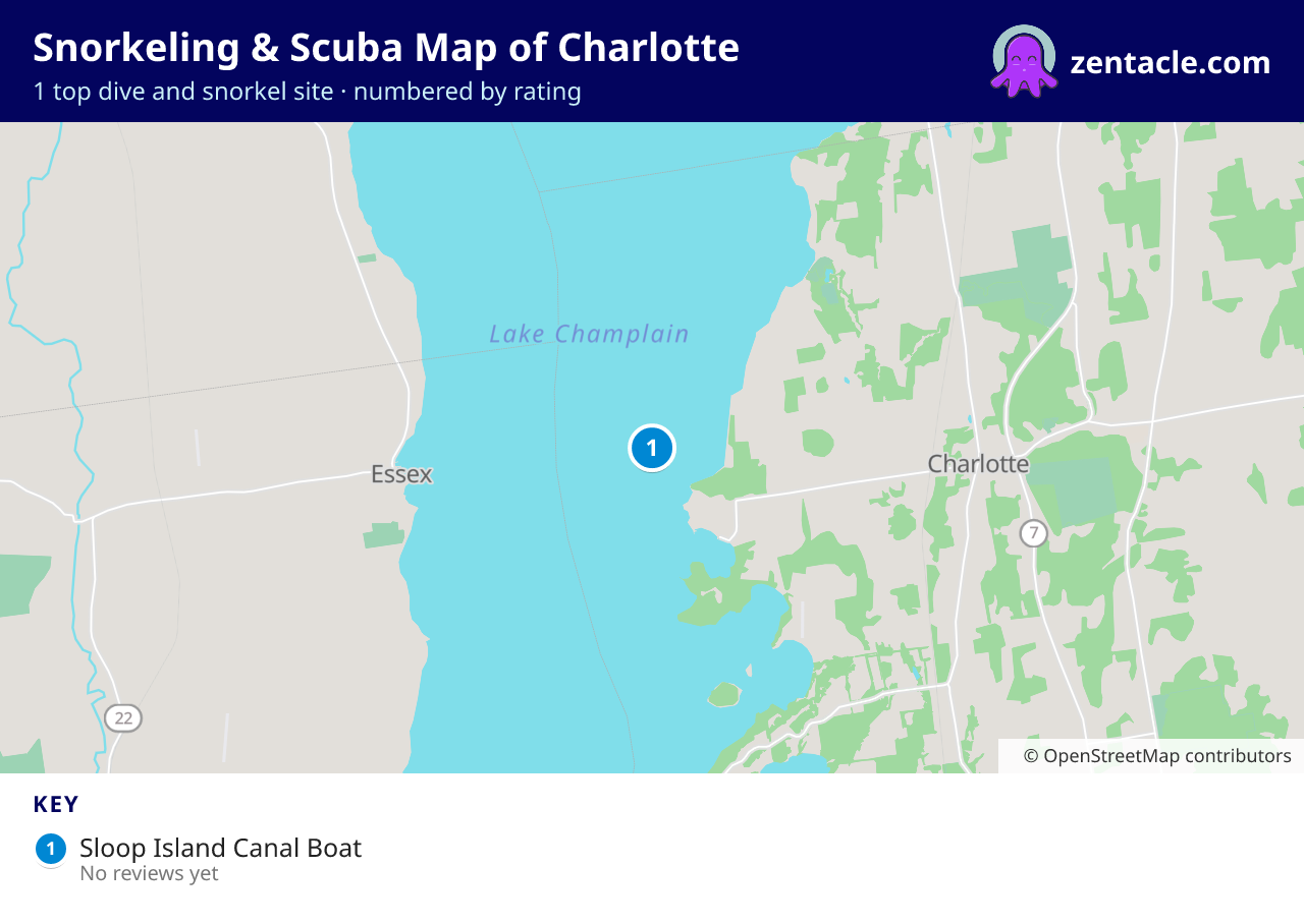 Snorkeling & Scuba Map of Charlotte: numbered map of the top 1 dive and snorkel sites, with ratings