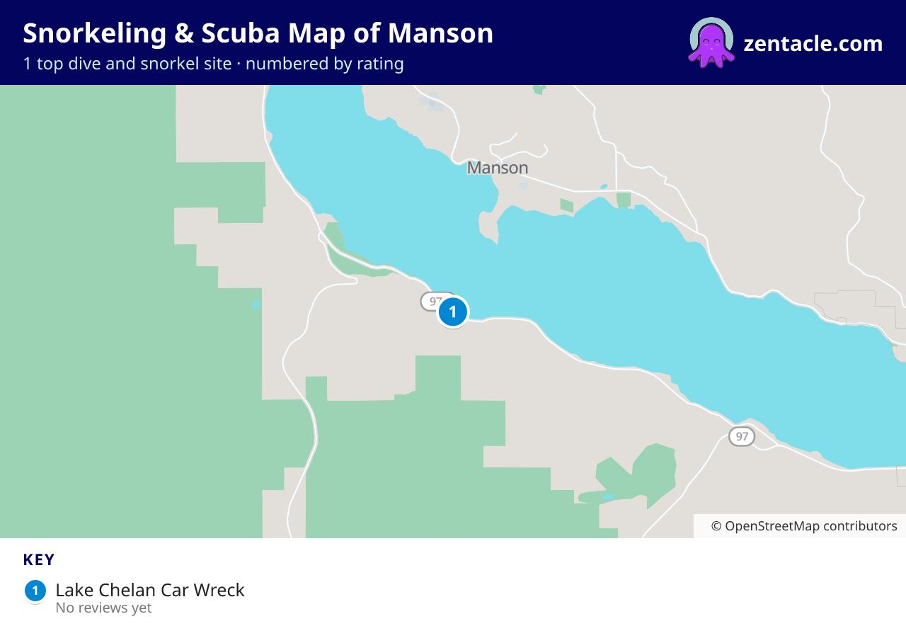 Snorkeling & Scuba Map of Manson: numbered map of the top 1 dive and snorkel sites, with ratings