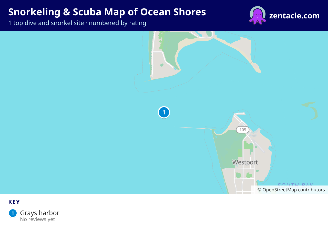 Snorkeling & Scuba Map of Ocean Shores: numbered map of the top 1 dive and snorkel sites, with ratings