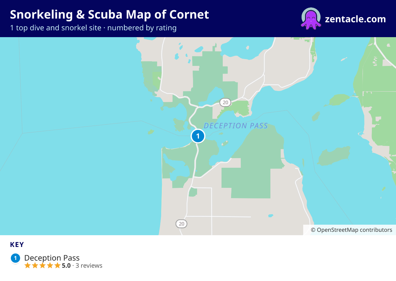 Snorkeling & Scuba Map of Cornet: numbered map of the top 1 dive and snorkel sites, with ratings