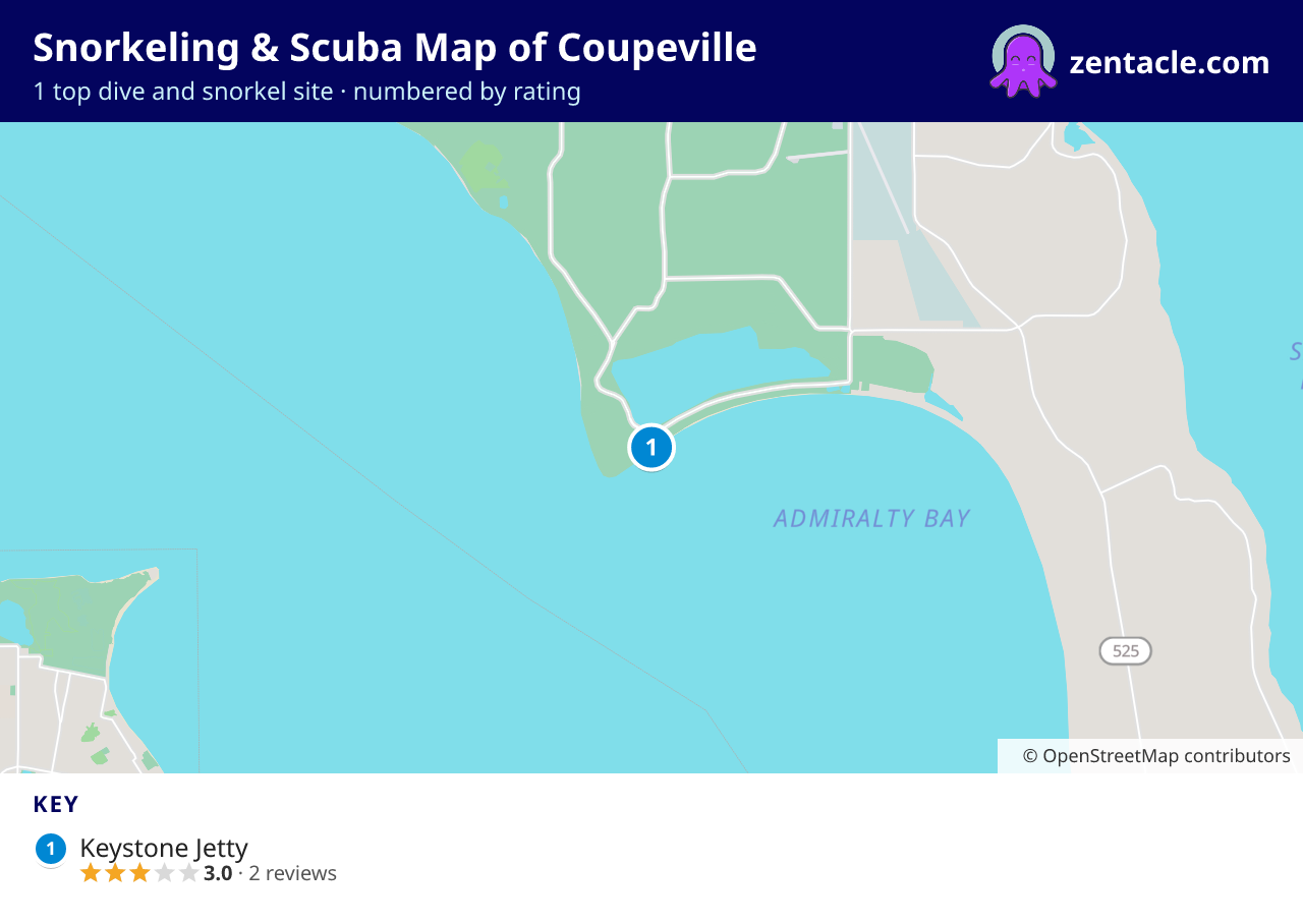 Snorkeling & Scuba Map of Coupeville: numbered map of the top 1 dive and snorkel sites, with ratings