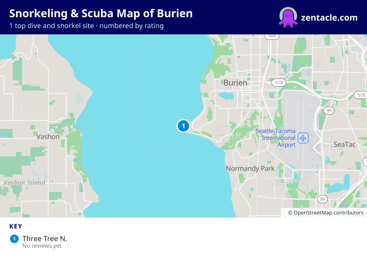 Snorkeling & Scuba Map of Burien: numbered map of the top 1 dive and snorkel sites, with ratings