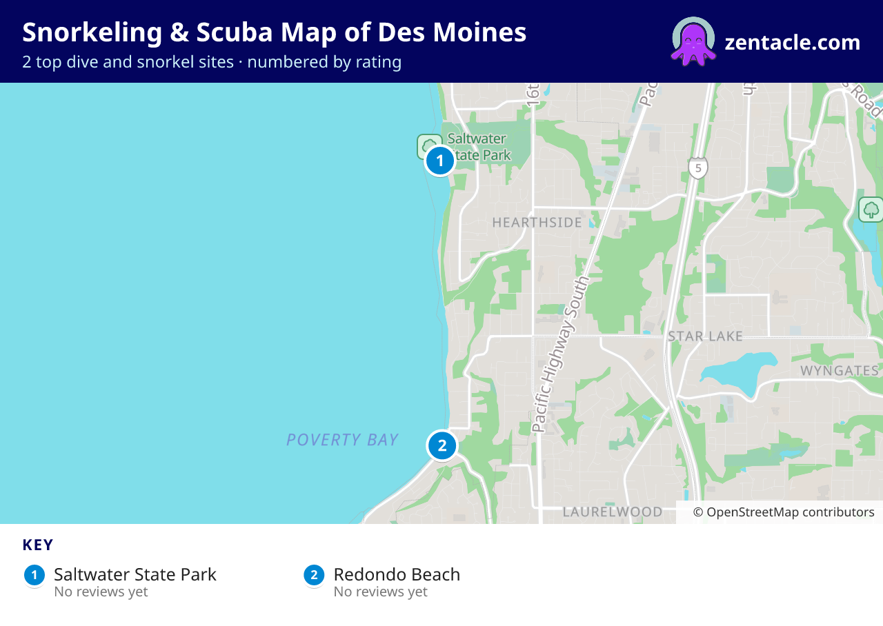 Snorkeling & Scuba Map of Des Moines: numbered map of the top 2 dive and snorkel sites, with ratings