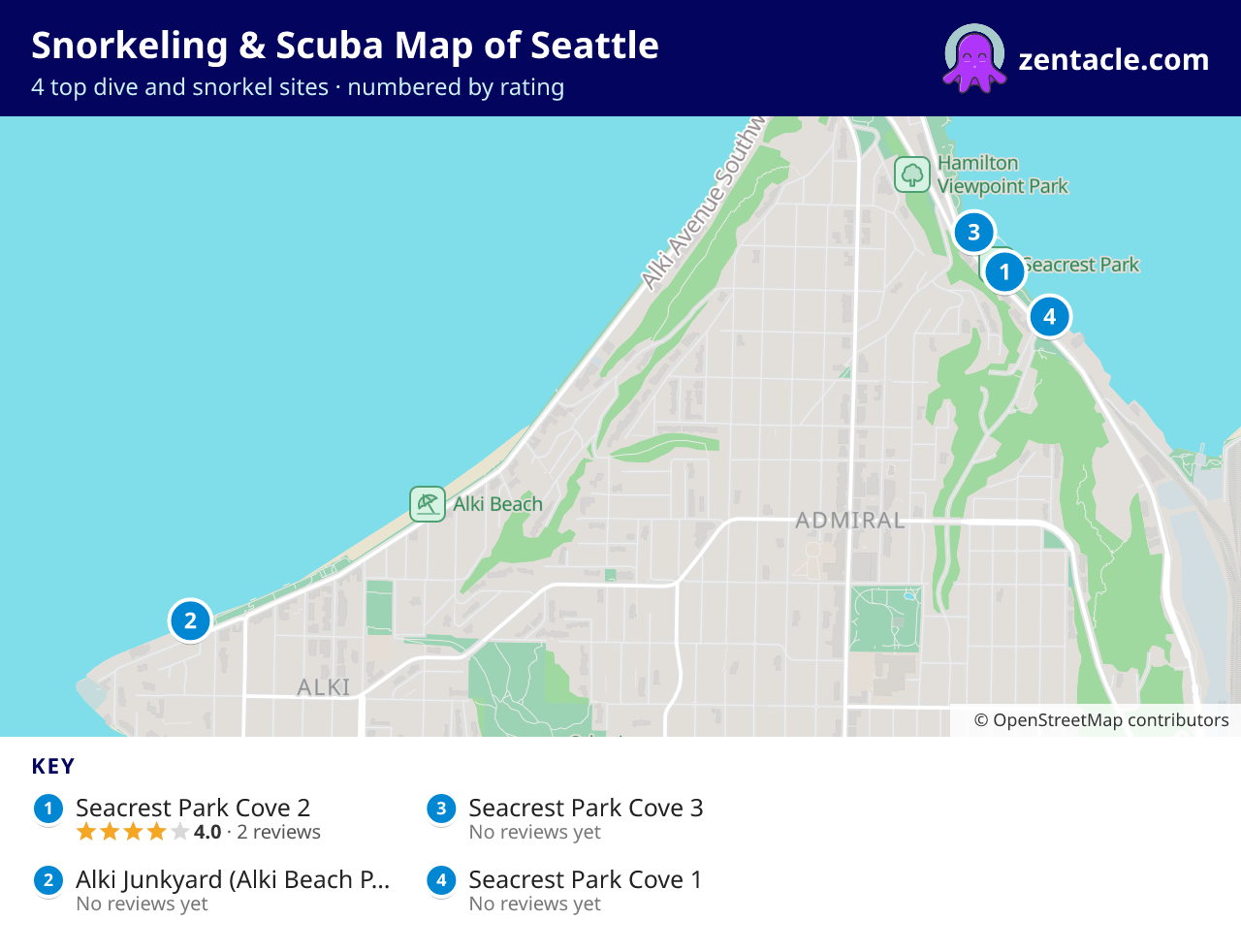 Snorkeling & Scuba Map of Seattle: numbered map of the top 4 dive and snorkel sites, with ratings