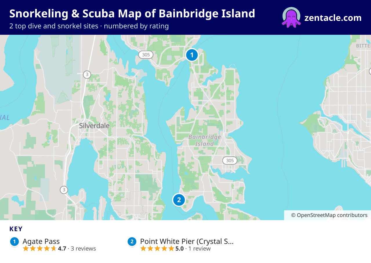 Snorkeling & Scuba Map of Bainbridge Island: numbered map of the top 2 dive and snorkel sites, with ratings
