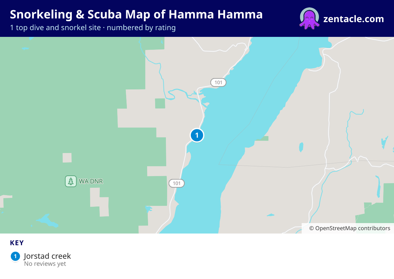 Snorkeling & Scuba Map of Hamma Hamma: numbered map of the top 1 dive and snorkel sites, with ratings