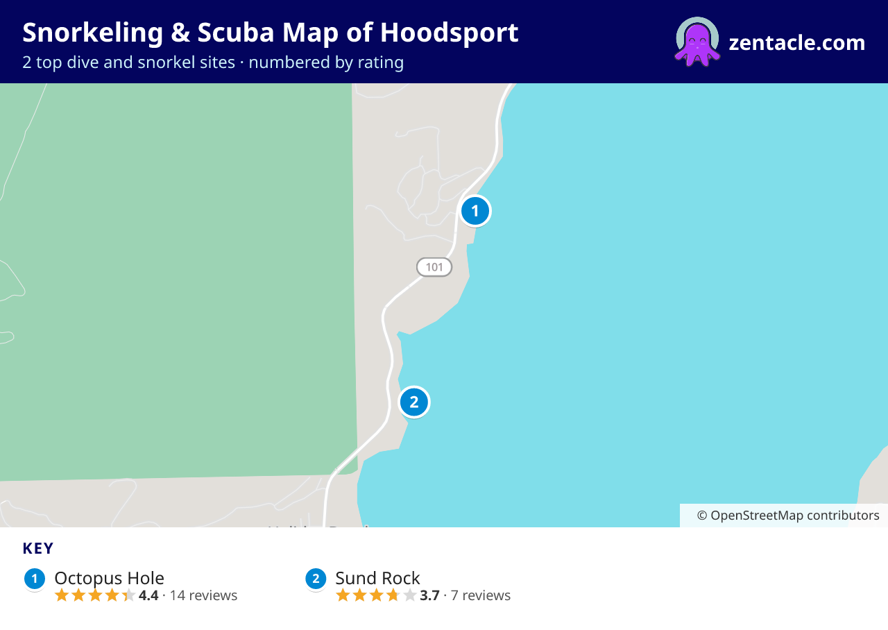 Snorkeling & Scuba Map of Hoodsport: numbered map of the top 2 dive and snorkel sites, with ratings