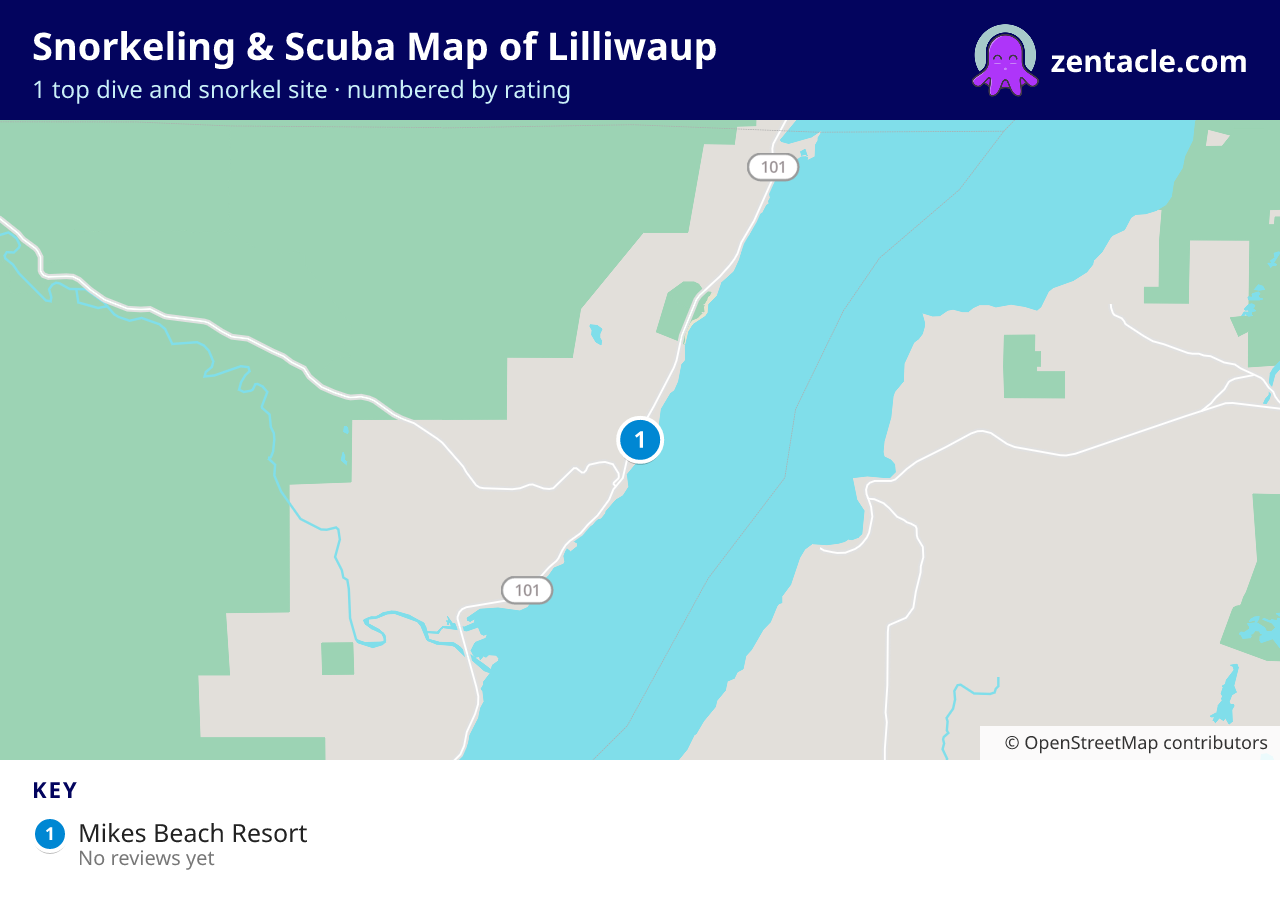 Snorkeling & Scuba Map of Lilliwaup: numbered map of the top 1 dive and snorkel sites, with ratings