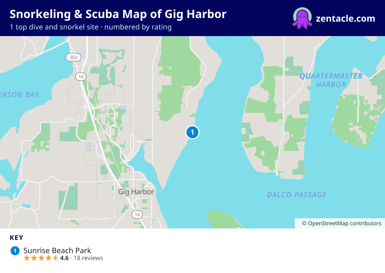 Snorkeling & Scuba Map of Gig Harbor: numbered map of the top 1 dive and snorkel sites, with ratings