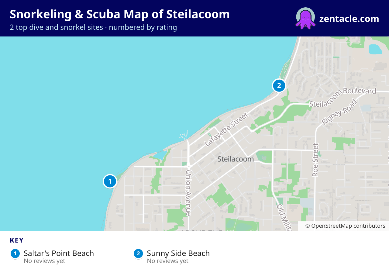 Snorkeling & Scuba Map of Steilacoom: numbered map of the top 2 dive and snorkel sites, with ratings