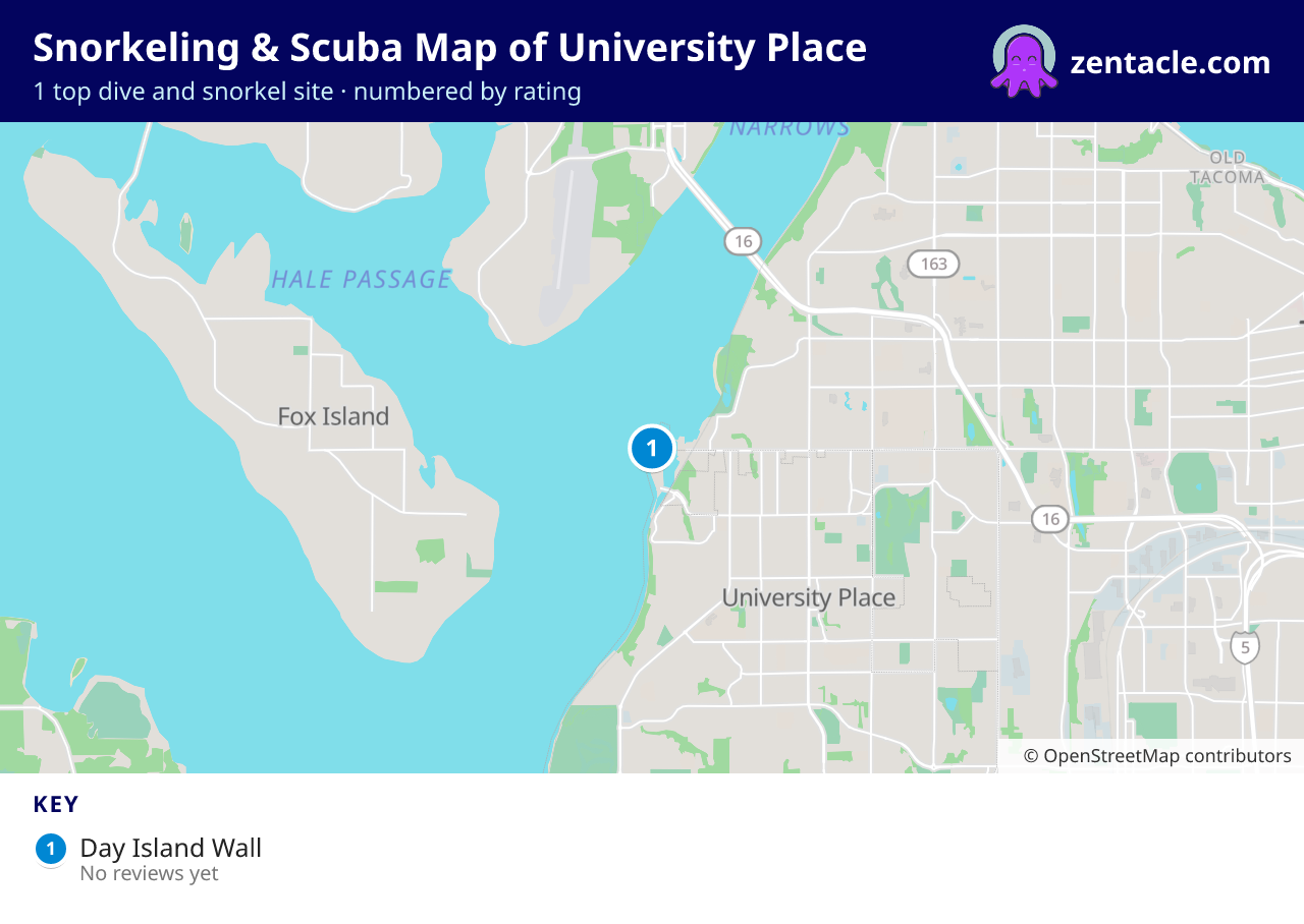 Snorkeling & Scuba Map of University Place: numbered map of the top 1 dive and snorkel sites, with ratings