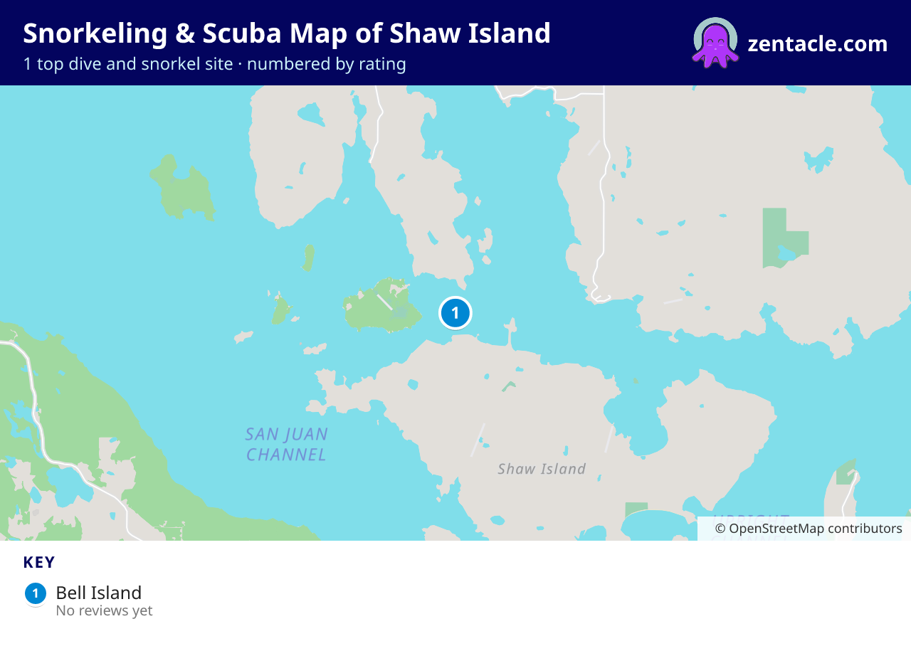 Snorkeling & Scuba Map of Shaw Island: numbered map of the top 1 dive and snorkel sites, with ratings
