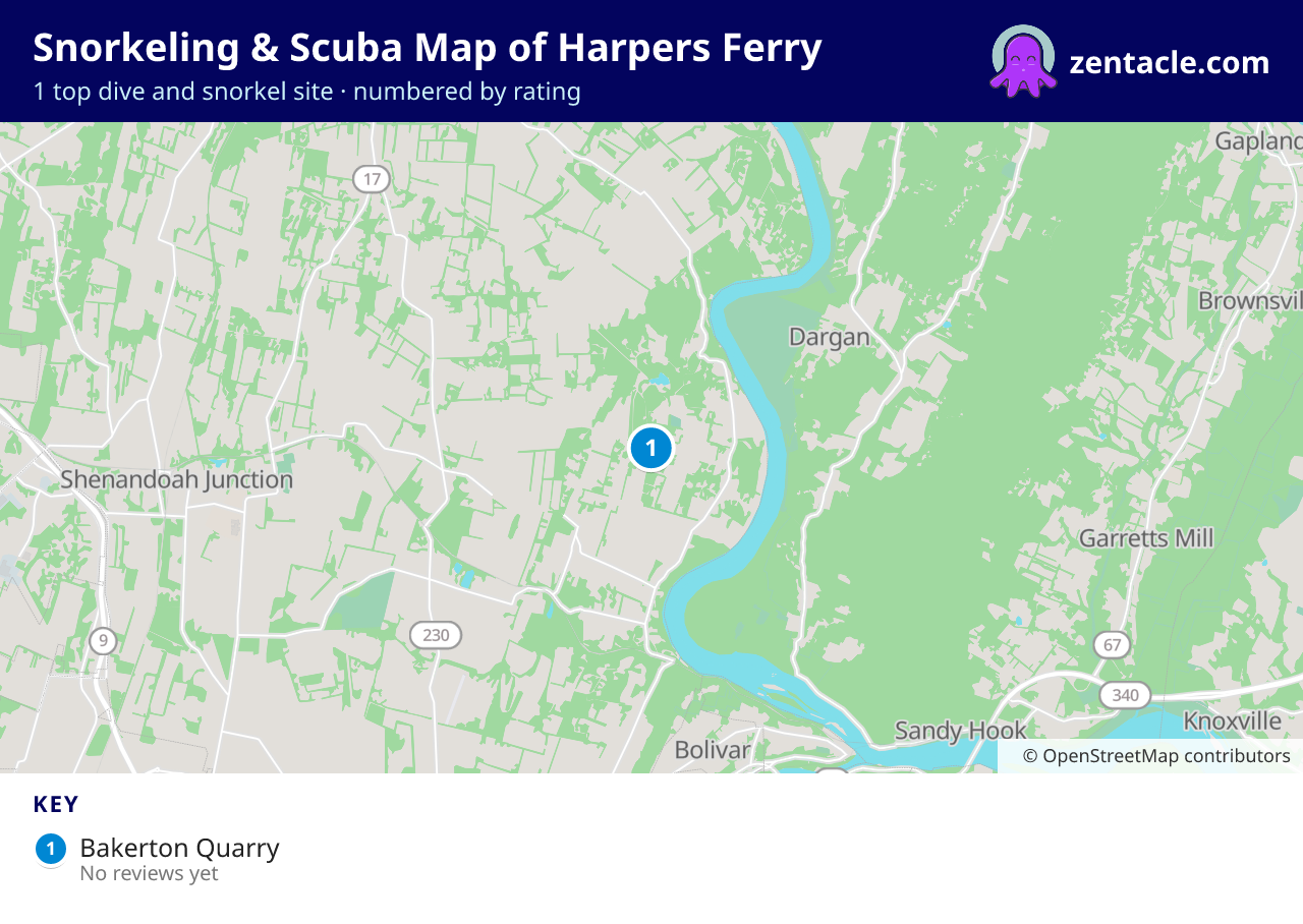Snorkeling & Scuba Map of Harpers Ferry: numbered map of the top 1 dive and snorkel sites, with ratings