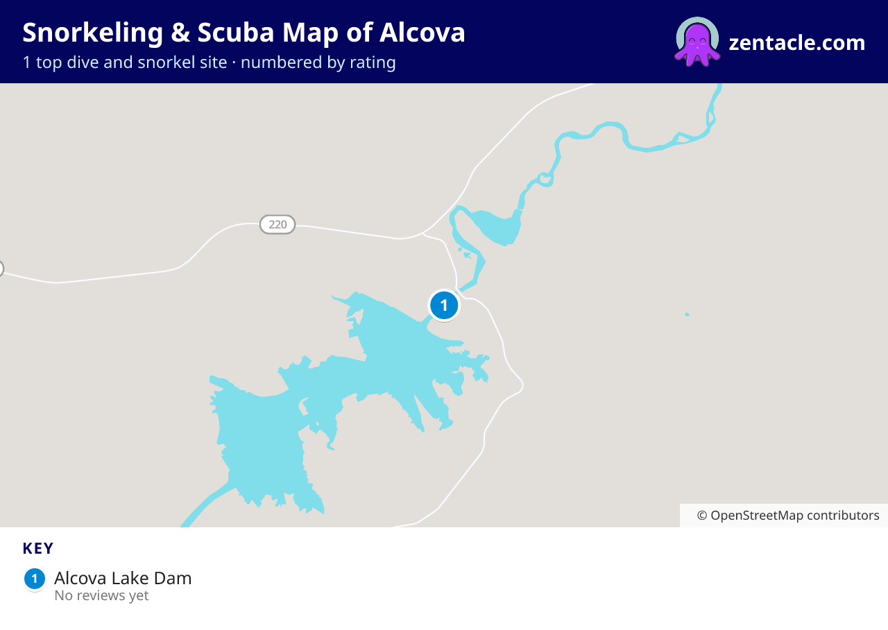 Snorkeling & Scuba Map of Alcova: numbered map of the top 1 dive and snorkel sites, with ratings