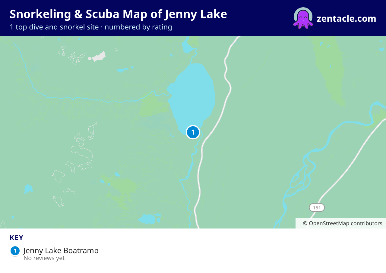 Snorkeling & Scuba Map of Jenny Lake: numbered map of the top 1 dive and snorkel sites, with ratings