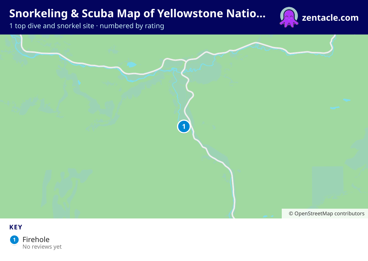Snorkeling & Scuba Map of Yellowstone National Park: numbered map of the top 1 dive and snorkel sites, with ratings