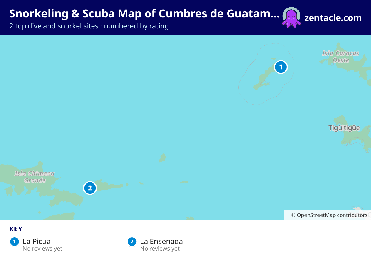 Snorkeling & Scuba Map of Cumbres de Guatamare: numbered map of the top 2 dive and snorkel sites, with ratings