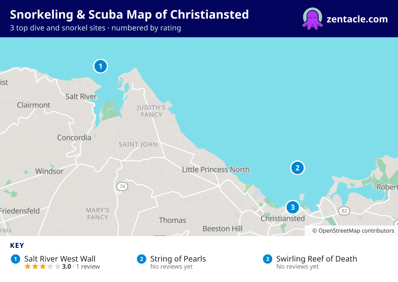 Snorkeling & Scuba Map of Christiansted: numbered map of the top 3 dive and snorkel sites, with ratings