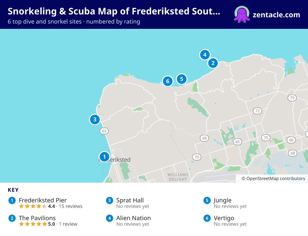 Snorkeling & Scuba Map of Frederiksted Southeast: numbered map of the top 6 dive and snorkel sites, with ratings