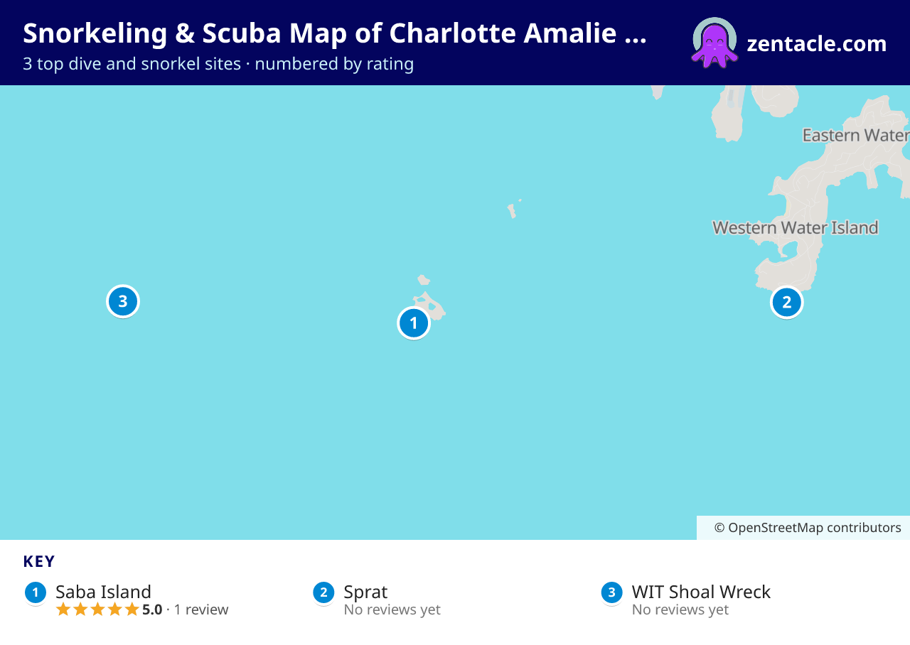 Snorkeling & Scuba Map of Charlotte Amalie West: numbered map of the top 3 dive and snorkel sites, with ratings