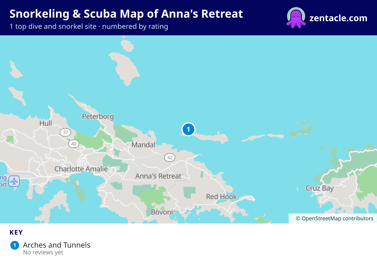 Snorkeling & Scuba Map of Anna's Retreat: numbered map of the top 1 dive and snorkel sites, with ratings