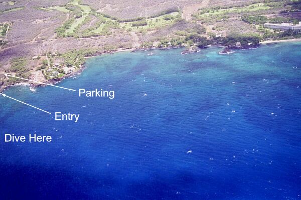 Kick out to sea, following the lava shelf, and circle around to the left.  The shallower water around the point makes for a good return to the entry point.