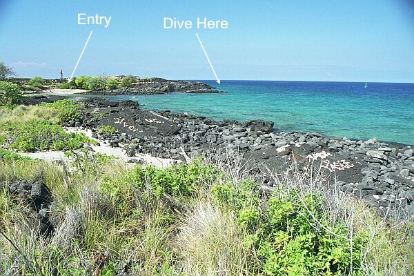 The site (to the left in the picture) requires a short hike over some rugged lava.  Take your time, and make several trips if necessary