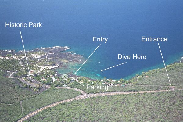 You can clearly see the entrance on the left to the Historic Park, and the small entrance road to the dive site.  The area of the boat ramp should be avoided during your dive.  Explore the shelf edge first (60 feet) and then work your way back up the coral noticing the resting turtles along the way.