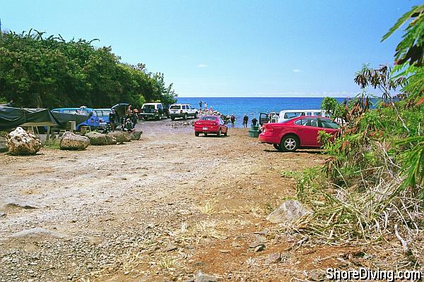 Here is the staging area for the scuba classes, with the entry visible through the cars.