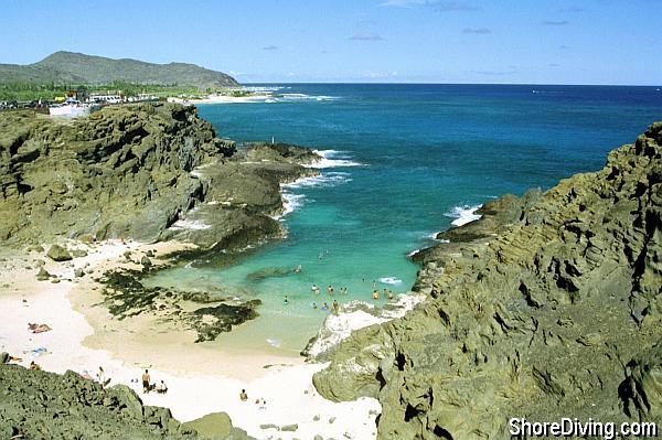 There is plenty to see here close to shore.  Concentrate your dive within the cove area.  Note that Sandy Beach Park is off to the left in the distance.