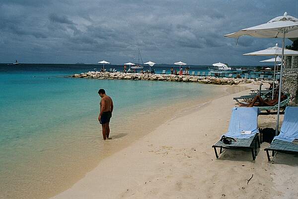 The beach area makes for a perfect entry.  The dive facilities and docks are in the background.